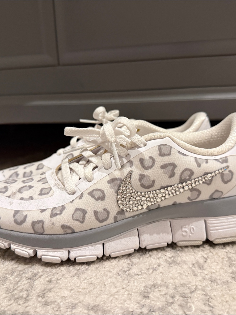 Nike Women’s White Leopard Print Running Shoes with Crystal Swoosh